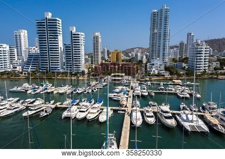 Aerial View Of The Marina In A Beautiful Bay In Cartagena, Colombia