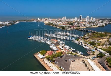 Aerial Beautiful View Of The Old City From The Marina In Cartagena Bay. Caribbean Sea View