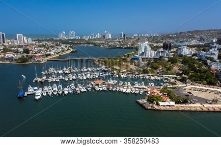 Aerial Beautiful View Of The Old City From The Yacht Club In Cartagena Bay