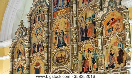 Russia - Moscow, 25 March 2020: Placement Of Icons On The Wall Of The Orthodox Temple, Religion And 