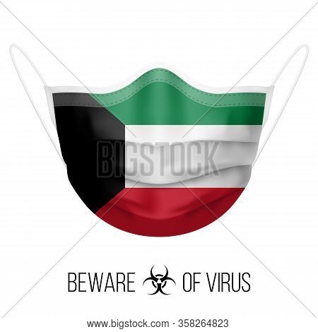 Medical Mask With National Flag Of Kuwait As Icon On White. Protective Mask Virus And Flu. Surgery C