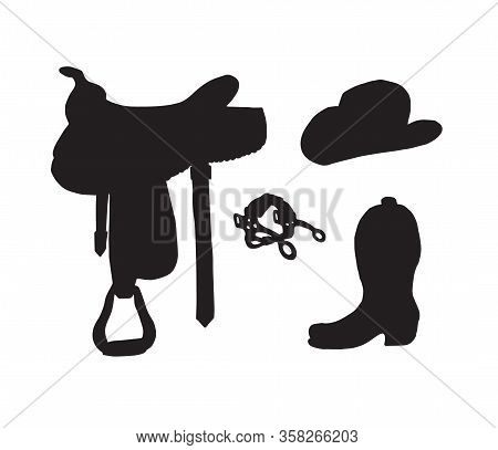 Vector Set Bundle Of Black Doodle Sketch Western Cowboy Equipment Silhouette Isolated On White Backg