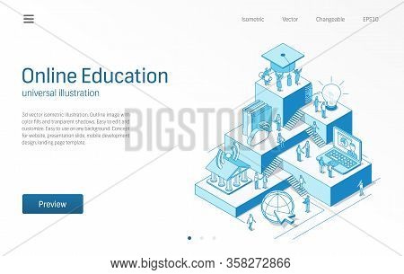 Online Education. Learning Students Teamwork. E-learning Modern Isometric Line Illustration. Digital
