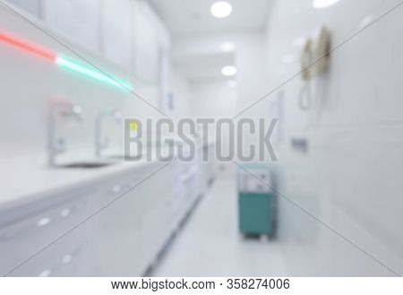Blurred Room For Disinfection Tools For Dentistry, White Interior, No People, Copy Space