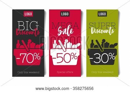 Flyers Set For Grocery Store With Market Shopping Basket Pictogram Full Of Meal And Food, Simple Mor