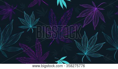Cannabiz Seamless Pattern. Medical Weed Neon Leaves Silhouttes On The Dark Background. Fluorescent, 