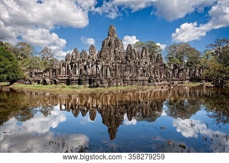 Reflections In The Bayon Temple Of Cambodia. Angkor Temples In Siem Reap.