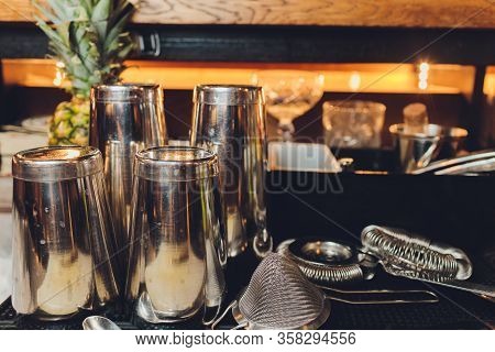 Classic Bar Cocktail Shaker, Bartender Tools, A Set Of Equipmen, Selected Focus.