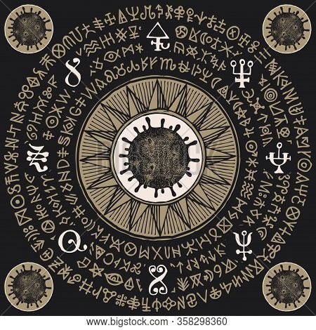 Vector Magic Banner With Coronavirus Cells And Runes On The Black Background. A Hand-drawn Mandala W