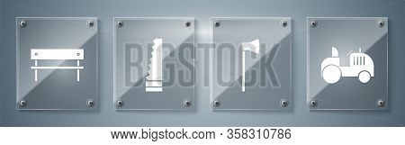 Set Tractor, Wooden Axe, Garden Saw And Bench. Square Glass Panels. Vector