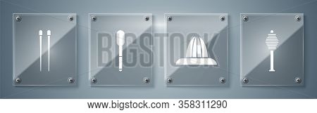 Set Honey Dipper Stick, Citrus Fruit Juicer, Spoon And Food Chopsticks. Square Glass Panels. Vector