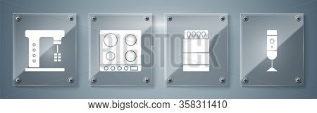 Set Blender, Open Matchbox And Matches, Gas Stove And Electric Mixer. Square Glass Panels. Vector