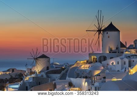 View Of Oia At Sunset, Santorini, Euope