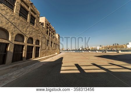 A perspective view of an old building at creekside heritage site, Dubai, UAE.
