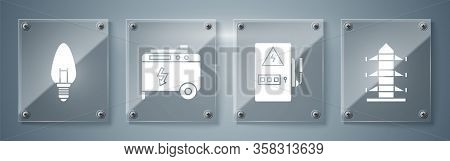 Set High Voltage Power Pole Line, Electrical Panel, Portable Power Electric Generator And Light Bulb
