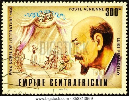 Moscow, Russia - March 27, 2020: Stamp Printed In Central African Empire Shows Luigi Pirandello (186