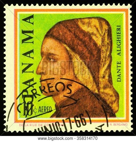 Moscow, Russia - March 25, 2020: Stamp Printed In Panama, Shows Portrait Of Great Italian Poet Dante