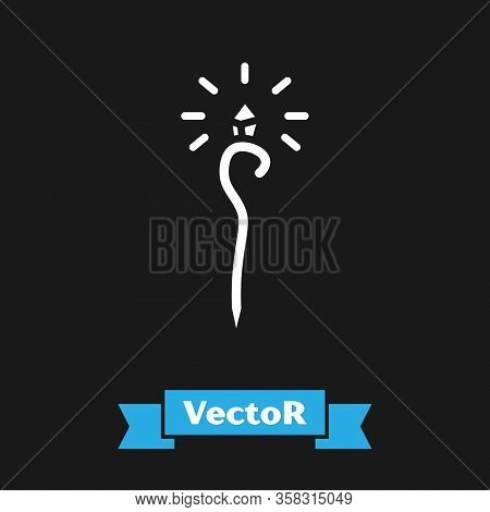 White Magic Staff Icon Isolated On Black Background. Magic Wand, Scepter, Stick, Rod. Vector Illustr