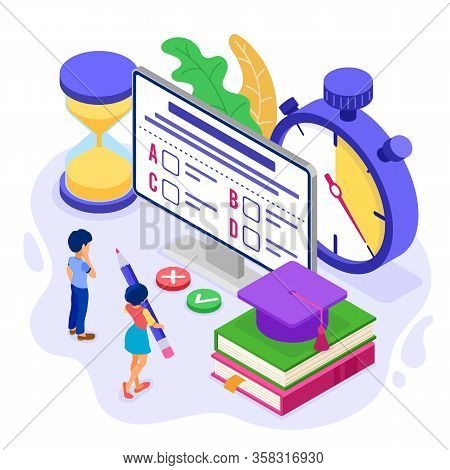 Online Education Or Distance Exam Test With Isometric Character Internet Course E-learning From Home