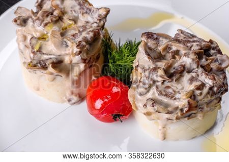 Delicious Beef Stroganoff With Soft Mashed Potatoes. Beef Stroganoff Served With Potato