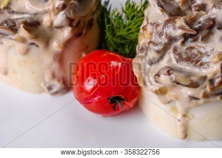 Delicious Beef Stroganoff With Soft Mashed Potatoes. Beef Stroganoff Served With Potato