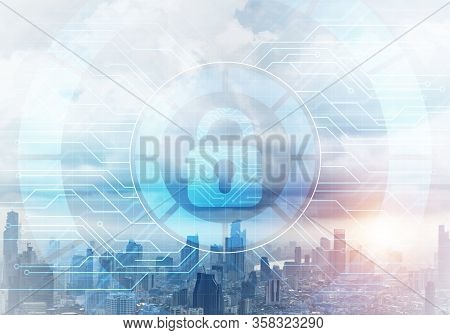 Global Cybersecurity Mixed Media With Virtual Locking Padlock On Cityscape Background. Data Cryptogr