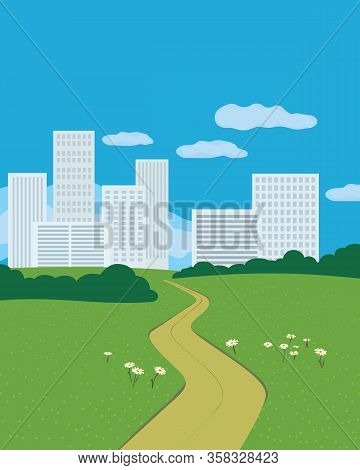 Summer City Park Flat Color Vector Poster. Hand Drawn Green Grass Lawn In Empty City Natural Park Ca