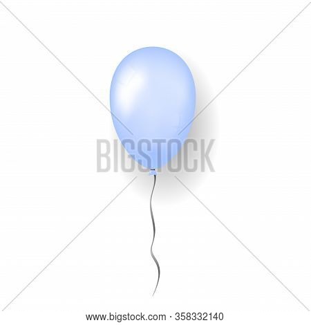 Blue Balloon 3d, Thread, Isolated White Background. Color Glossy Flying Baloon, Ribbon For Birthday 