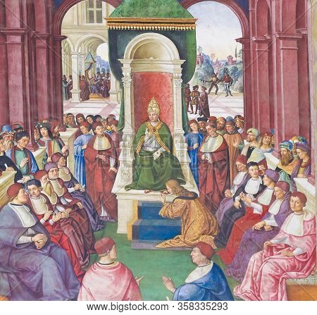 Siena, Italy - July 10, 2017: Fresco In Piccolomini Library In Siena Cathedral, By Pinturicchio Depi