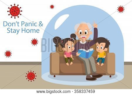 Staying Home With Self Quarantine. Grandfather Reads A Book Grandchildren Under A Glass Cap. Coronav