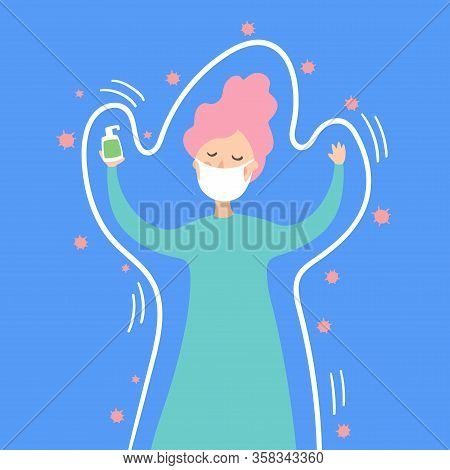 Coronavirus Outbreak Vector Concept. A Girl Under Protection With Mask And Sanitizer. Covid-19 Virus