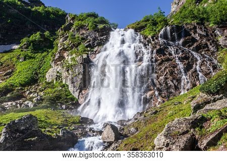 Beautiful Scenic Landscape Of Imeretinskiy Waterfall In Caucasus Mountains, Karachai-cherkess Republ