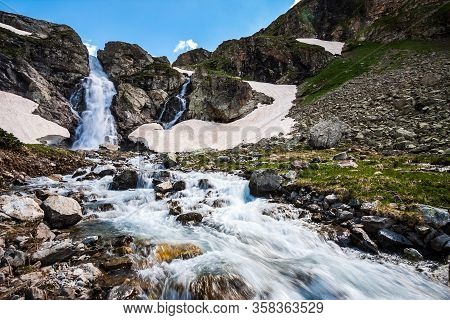 Beautiful Scenic Landscape Of Imeretinskiy Waterfall In Caucasus Mountains, Karachai-cherkess Republ