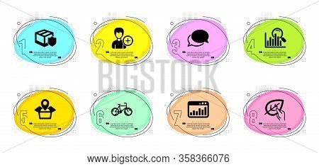 Messenger, Delivery Insurance And Search Signs. Timeline Infographic. Bicycle, Organic Tested And Ad