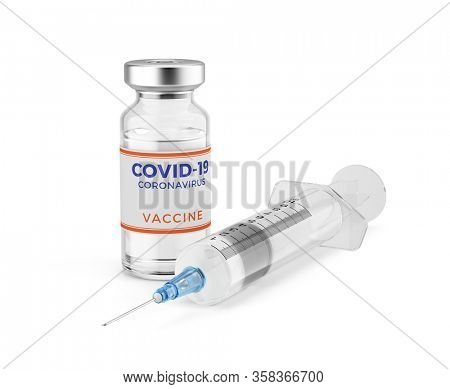 accine and syringe injection isolated on white. Medicine, COVID-19, nCoV, coronavirus vaccine concept. 3d rendering