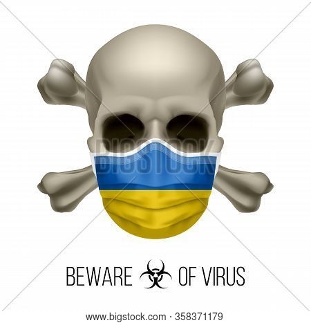 Human Skull With Crossbones And Surgical Mask In The Color Of National Flag Ukraine. Mask In Form Of