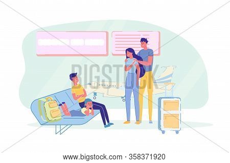 Parents With Young Children Waiting For Flight. Family Members Communicate While Waiting For Time Th