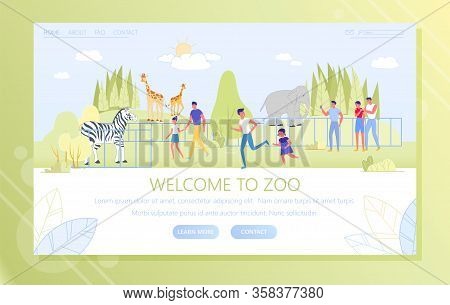 Welcome To Zoo, Visitors And Animals, Vector. People Walk In Park Which Zoo Is Located. Wild Animals