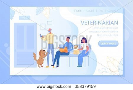 Vector Illustration Inscription Veterinarian. People With Dogs And Cats Are Quietly Waiting For Thei
