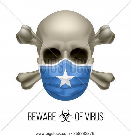 Human Skull With Crossbones And Surgical Mask In The Color Of National Flag Somalia. Mask In Form Of