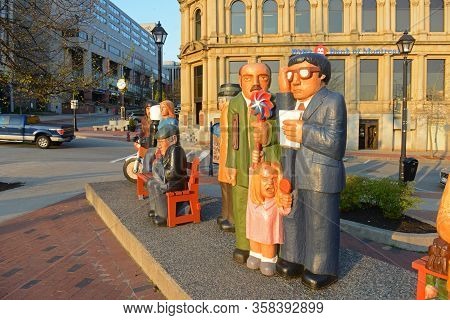 Saint John, Nb, Canada - May 20, 2016: People Waiting Sculptures By John Hooper In Downtown Saint Jo