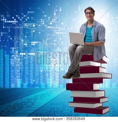 Young man in telelearning concept with laptop and books