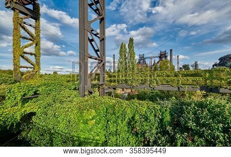 Abandoned Industrial factory in Duisburg, Germany. Public park Landschaftspark, landmark and tourist attraction.