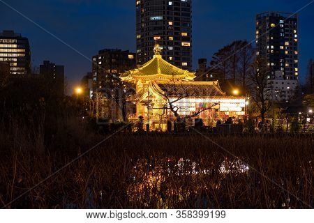 Tokyo, Japan - Jan 19, 2020: Shinobazunoike Bentendo Temple At Night Under The Light Of Lanterns.