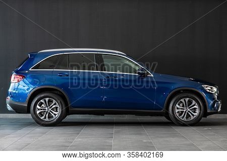Novosibirsk, Russia - March 07, 2020: Luxury Blue Mercedes-benz Glc-class, Side View.  New Expensive