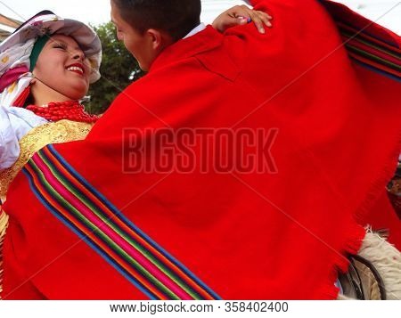 Pichincha Province, Ecuador - December 21, 2019: Unidentified Young Couple Of Indigenous Dancers Of 