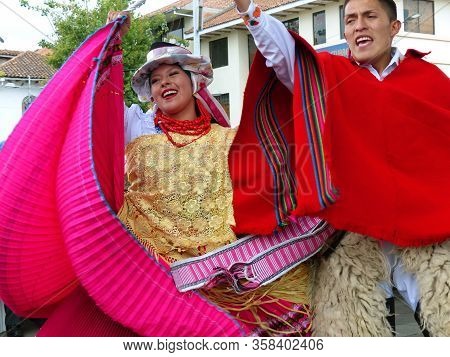 Pichincha Province, Ecuador - December 21, 2019: Unidentified Young Couple Of Indigenous Dancers Of 