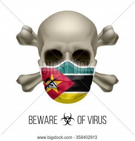 Human Skull With Crossbones And Surgical Mask In The Color Of National Flag Mozambique. Mask In Form