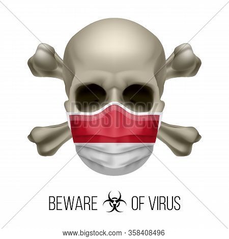 Human Skull With Crossbones And Surgical Mask In The Color Of National Flag Monaco. Mask In Form Of 