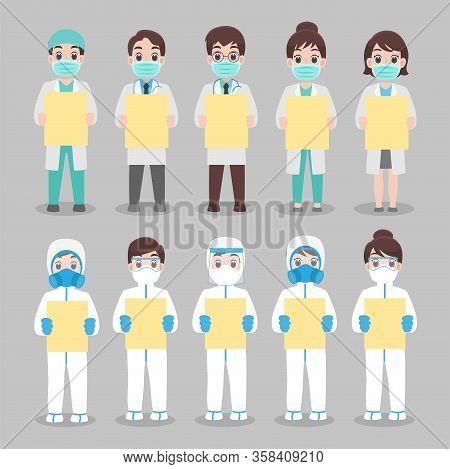 Set Of Doctor And Nurse In Personal Protective Suit Wear A Surgical Protective Medical Mask For Prev